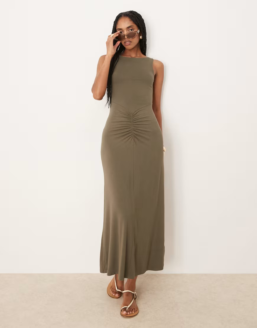 ASOS DESIGN sleeveless slash neck ruched front maxi dress in khaki-Green | ASOS (Global)