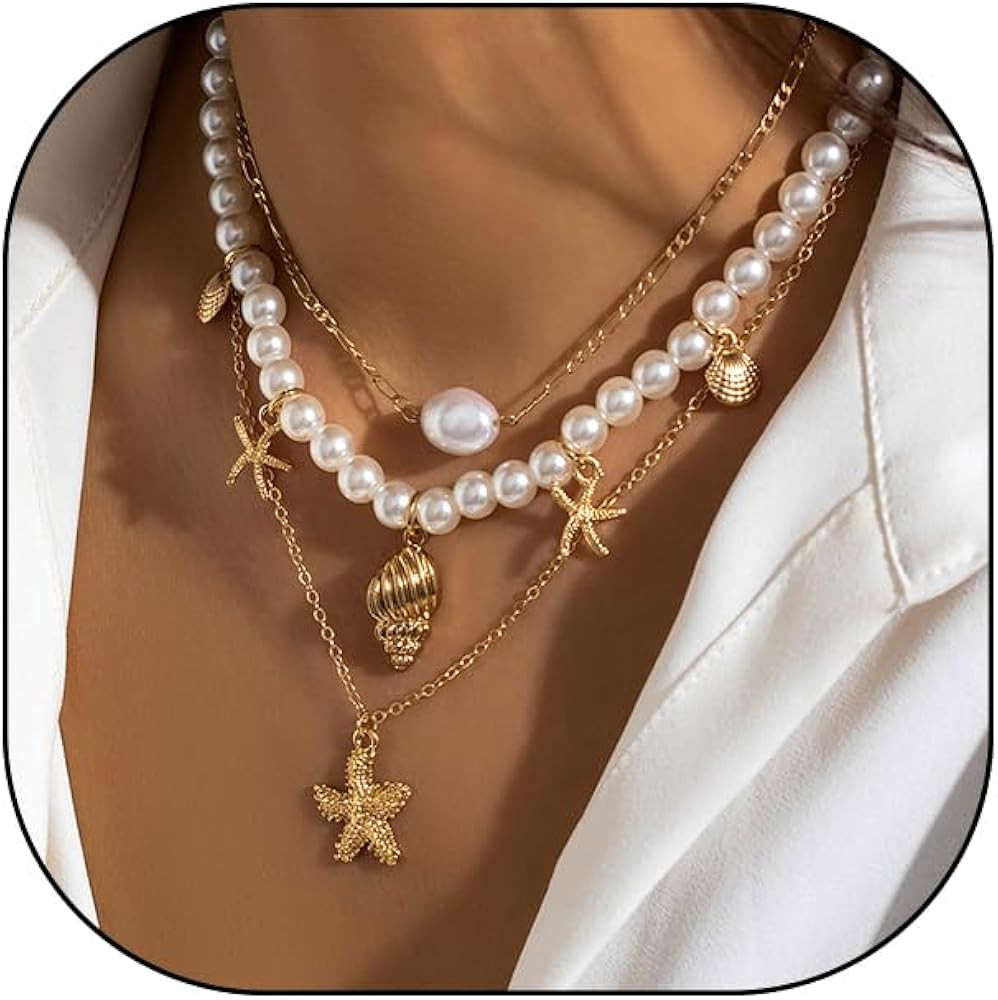 Multilayer Shell Starfish Pearl Necklace for Women Teen Girls,Golden Beach Holiday Pendant Choker... | Amazon (US)