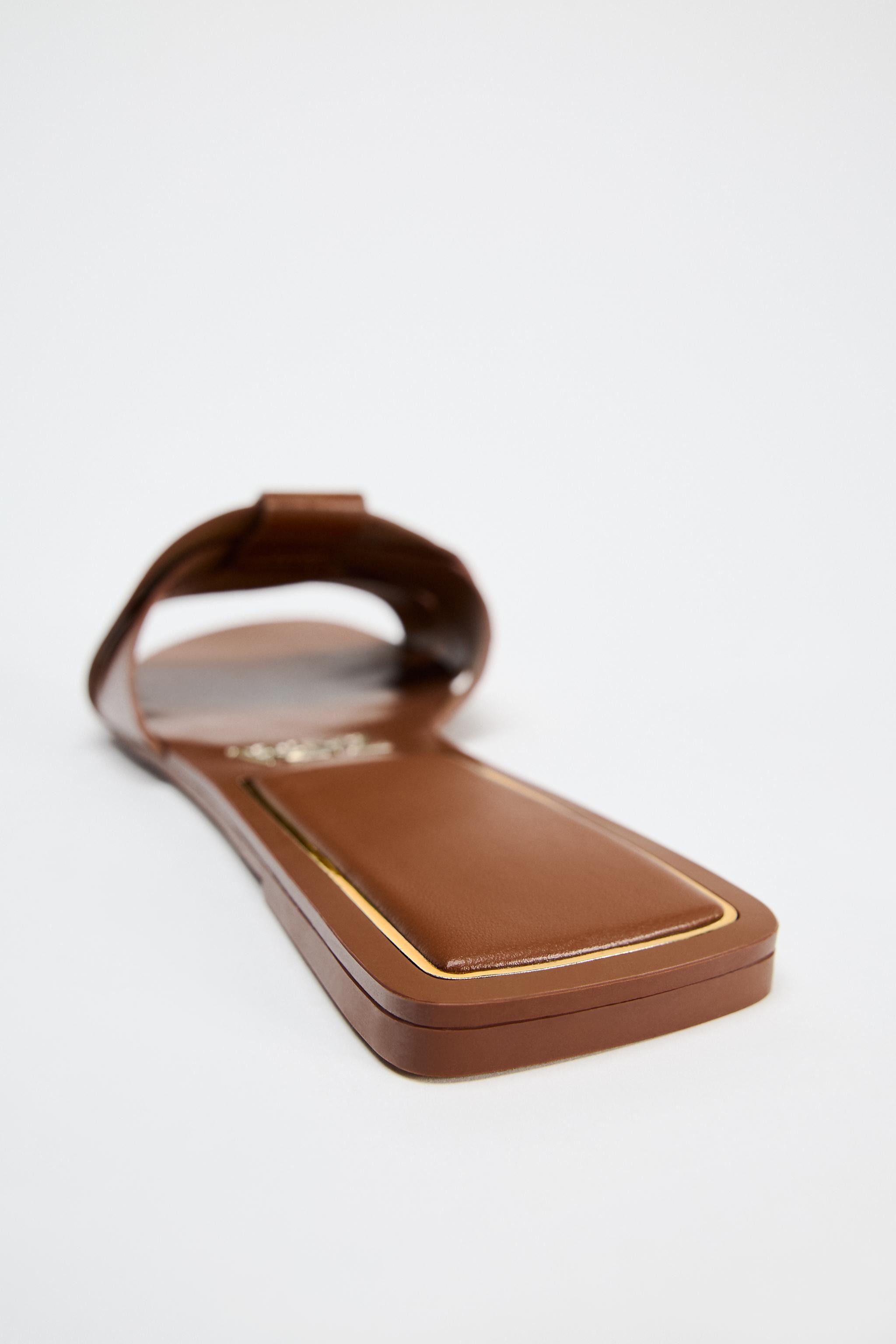 LEATHER FLAT CROSS STRAP SANDALS | Zara US