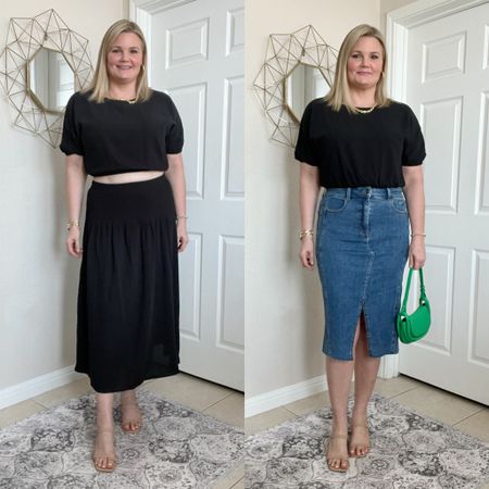 Amazon two piece midi skirt set with cropped top. Wearing size large, fits true to size. Universal Standard denim skirt in size XS.

#LTKMidsize #LTKOver40 #LTKStyleTip