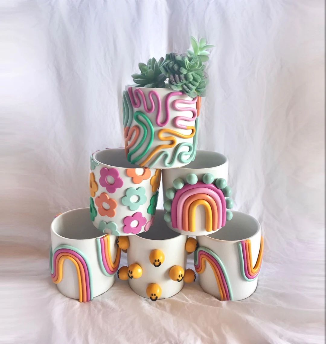 Retro Eclectic Colorful Planters/ Cute Ceramic Planter/ - Etsy | Etsy (US)