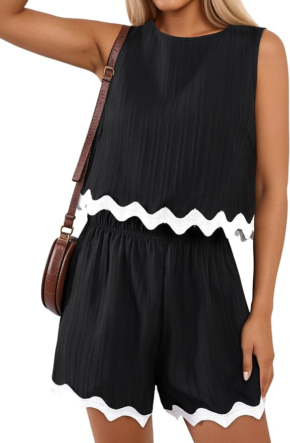 Remidoo Women 2 Piece Outfit Short Set Sleeveless RIC Rac Trim Crop Tank Top and Ribbed Shorts | Amazon (US)