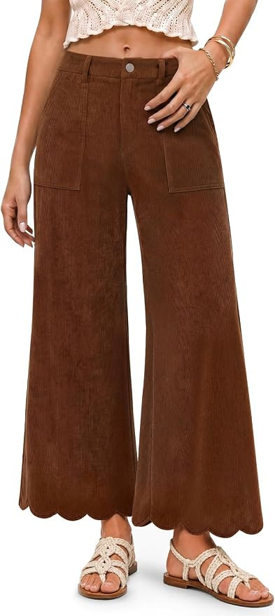 Yousify Women Scalloped Hem High Waist Corduroy Wide Leg Pants with Pockets | Amazon (US)
