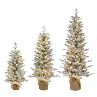 Puleo International Set of 3 Flocked Spruce Artificial Christmas Trees in 3 ft., 4 ft., and 5 ft.... | The Home Depot