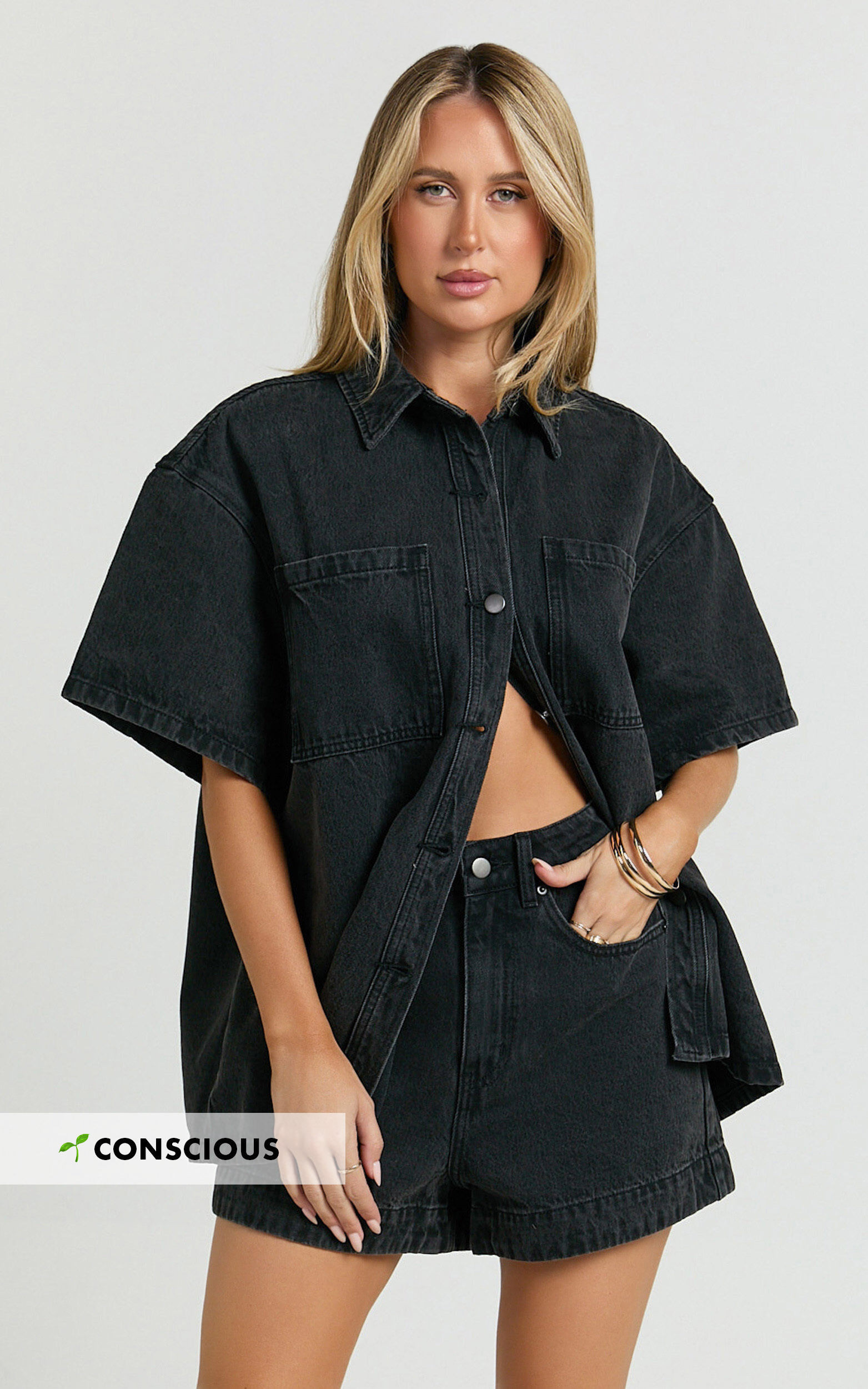 RHIANNA TOP - OVERSIZED RECYCLED DENIM HARDWARE DETAIL SHORT SLEEVE SHIRT IN WASHED BLACK | Showpo (US, UK & Europe)