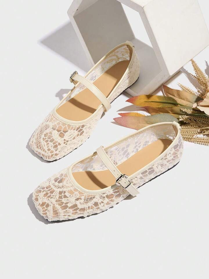 Ballerines En Dentelle Pour Femmes, Chaussures Pantoufles Respirantes En Maille, Style Bride À L'avant Carré, Blanc | SHEIN