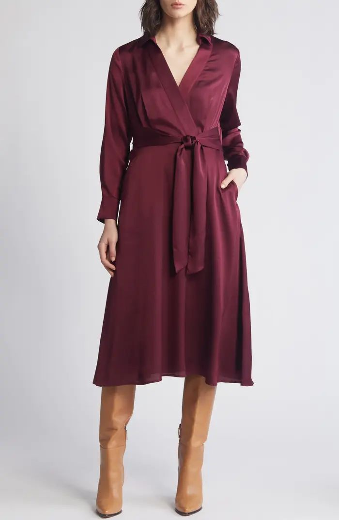 Long Sleeve Hammered Satin Wrap Front Shirtdress | Nordstrom
