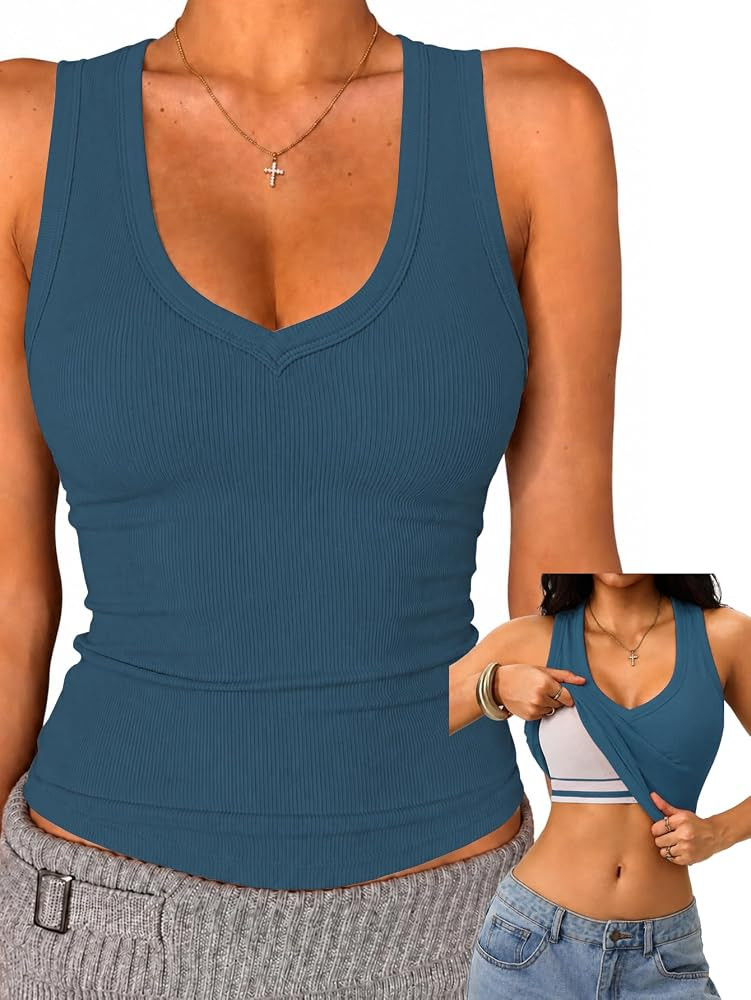 Danysu Built in Bra V Neck Tank Tops for Women Ribbed Knit Racerback No See Through Sleeveless Ba... | Amazon (US)