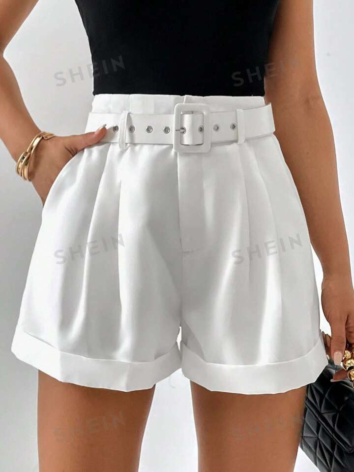 SHEIN Privé High Waist Plicated Detail Roll Hem Belted Wide Leg Short Shorts | SHEIN