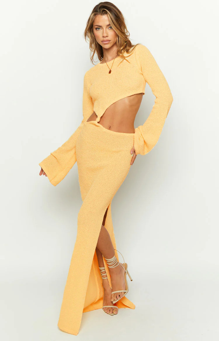 Arya Yellow Long Sleeve Knit Maxi Dress | Beginning Boutique (AU)