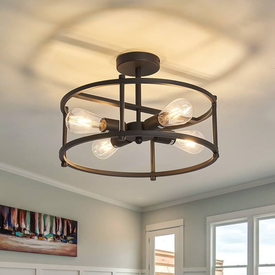 FGSADI Industrial Semi Flush Mount Ceiling Light ,4 Light Rustic Metal Ceiling Light Fixture,Blac... | Amazon (US)