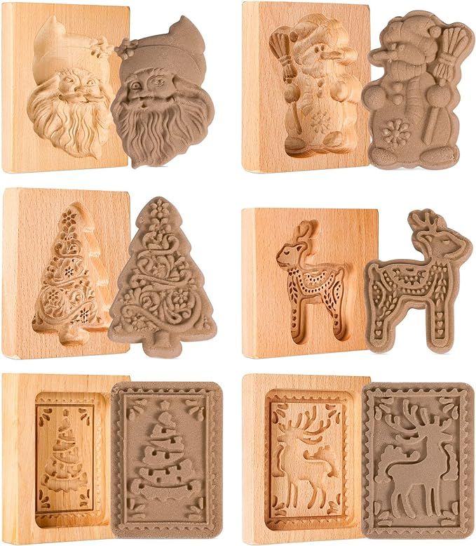 eBoot 6 Pcs Wooden Cookie Molds Biscuit Carved Wooden Mould DIY Cookie Stamps Cookie Cutter Embos... | Amazon (US)
