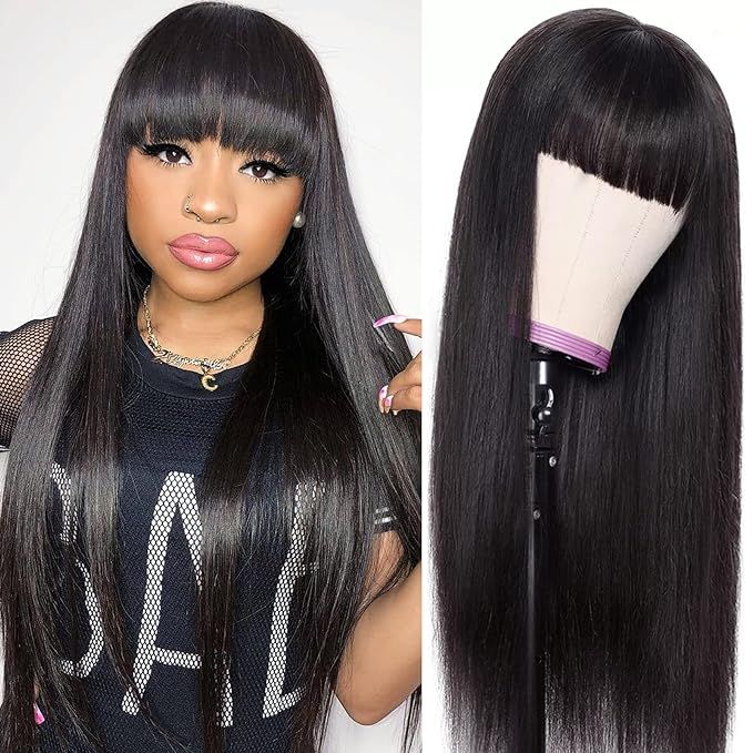 Straight Wigs with Bangs Human Hair Wigs for Black Women None Lace Front Wigs 150% Density Brazil... | Amazon (US)