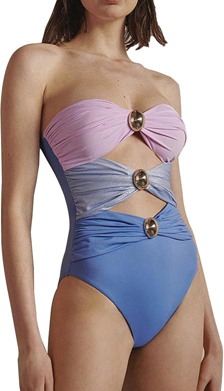 SherryDC Women's Cutout One Piece Swimsuit Bandeau Ruched Color Block High Waisted Bathing Suit w... | Amazon (US)