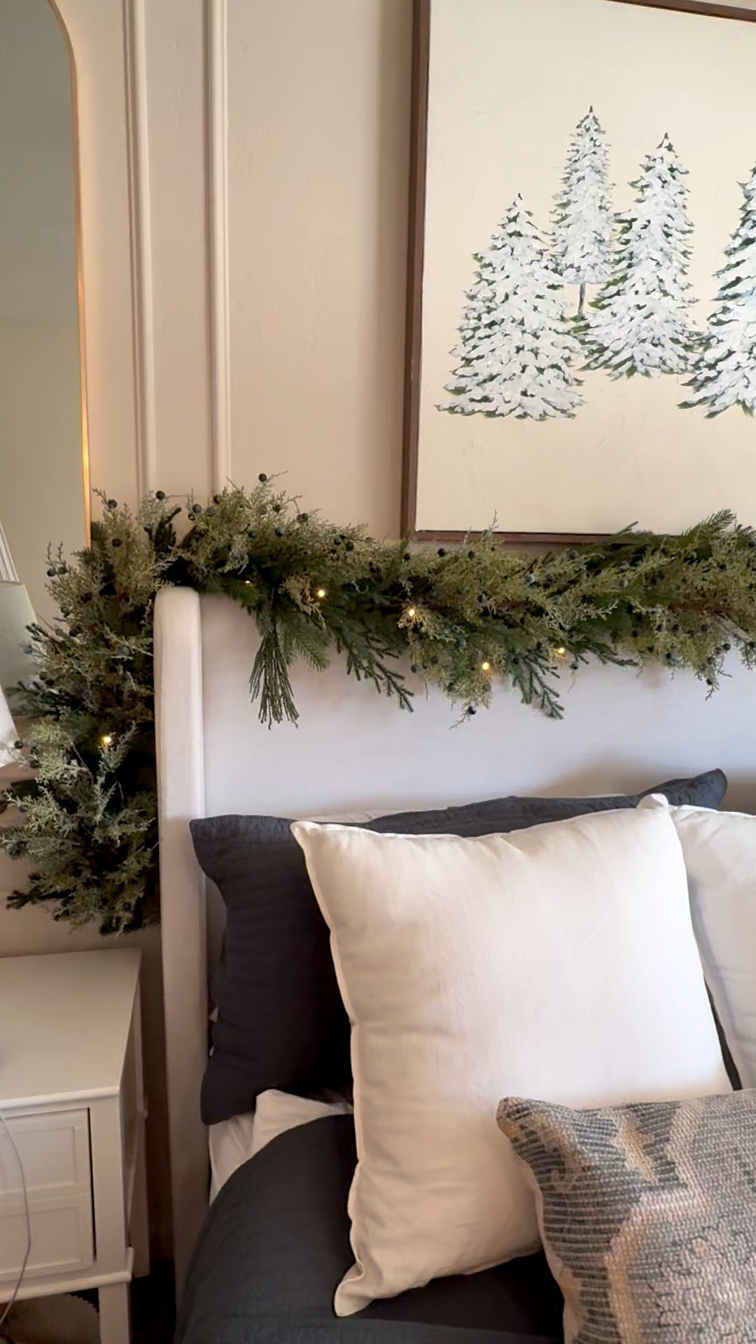Neutral winter bedroom look with layered bedding, textured pillows, and soft greenery. Cozy, simple, and easy to recreate. Everything is linked for you.

#LTKHome #LTKHoliday
