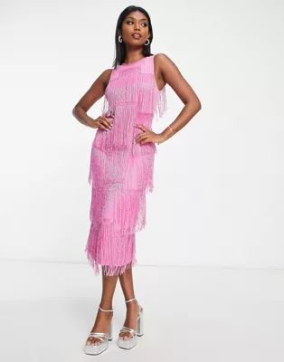 ASOS DESIGN all over embellished sleeveless midi dress with paneled beaded fringe in pink | ASOS (Global)