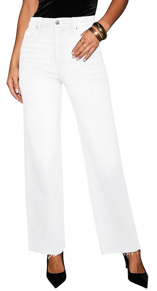 Straight Leg Jeans for Women Trendy High Waisted Cropped Boyfriend Mom Stretchy Frayed Hem Loose ... | Amazon (US)