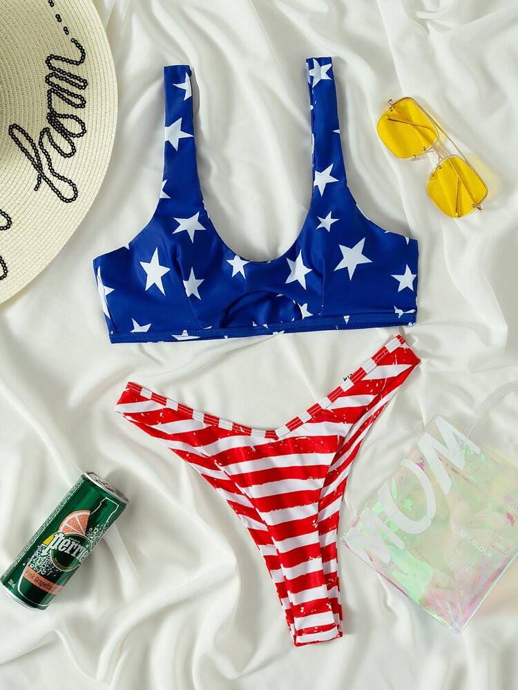 Star & Stripe Print Cut Out Bikini Swimsuit | SHEIN