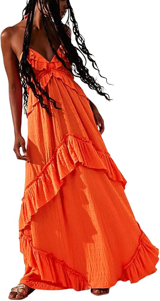 FEORJGP Womens Summer Boho Low Cut Backless Bodycon Midi Dress | Amazon (US)