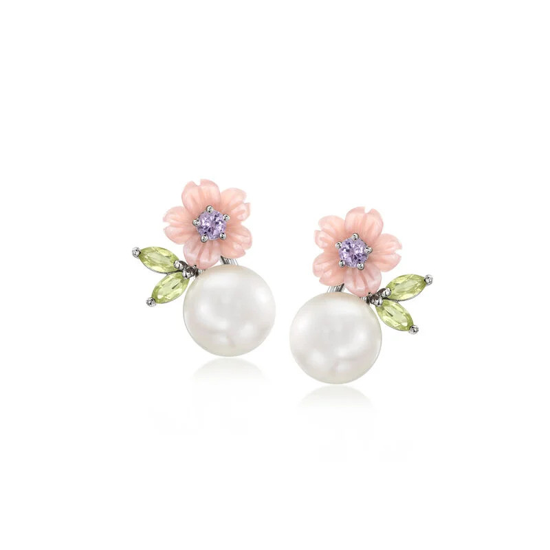 8-8.5mm Cultured Pearl and 8mm Pink Mother-of-Pearl Flower Earrings with .20 ct. t.w. Peridots an... | Ross-Simons