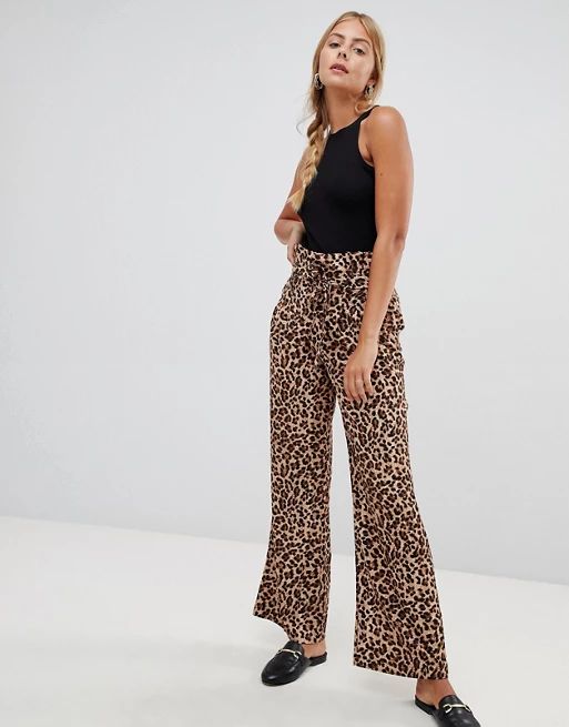 QED London leopard print paperbag waist wide leg pants | ASOS US