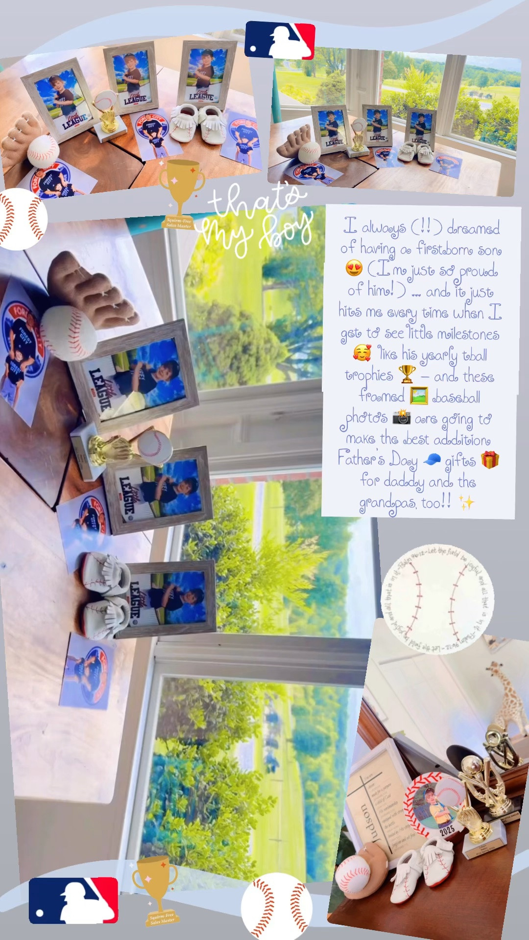 I always (!!) dreamed of having a firstborn son 😍 (I’m just so proud of him!) … and it just hits me every time when I get to see little milestones 🥰  like his yearly tball trophies 🏆 - and these framed 🖼️ baseball photos 📸 are going to make the best addition Father’s Day 🧢 gifts 🎁 for daddy and the grandpas, too!! ✨