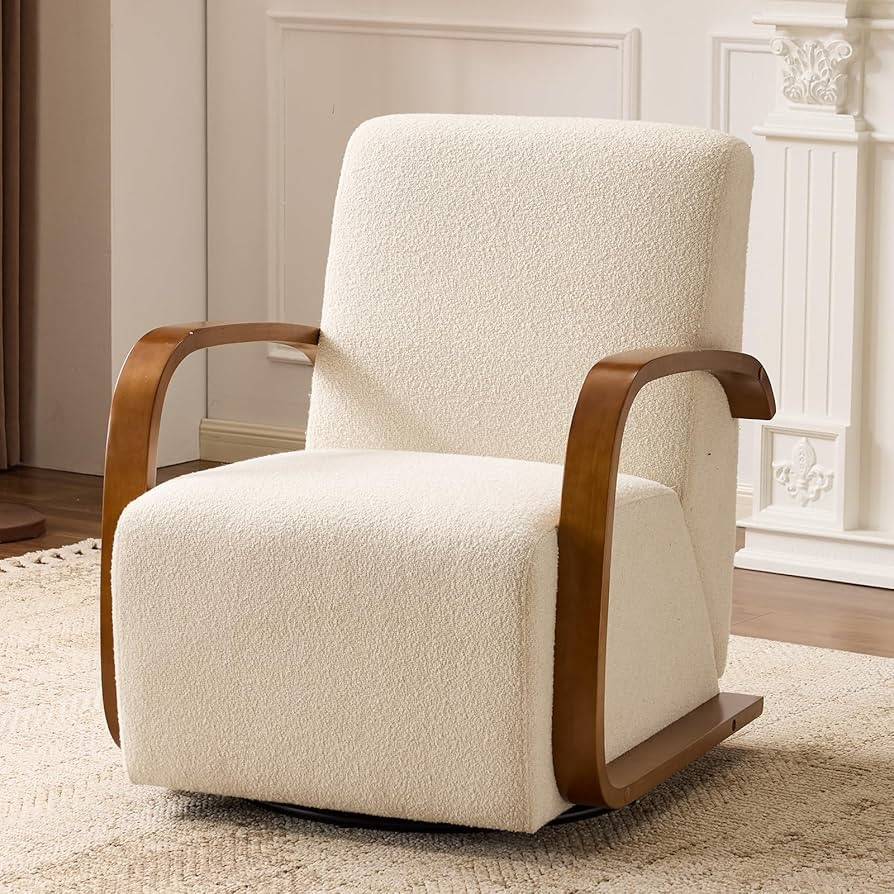 360\u00b0 Swivel Accent Chair, Mid-Century Modern Comfy Chair with Curved Soild Wood Armrest, Uph... | Amazon (US)