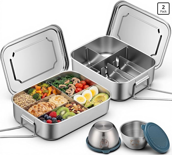 2 Pack 50oz Stainless Steel Bento Box 5 Compartment Kit 1500ml Metal Bento Lunch Box Container wi... | Amazon (US)
