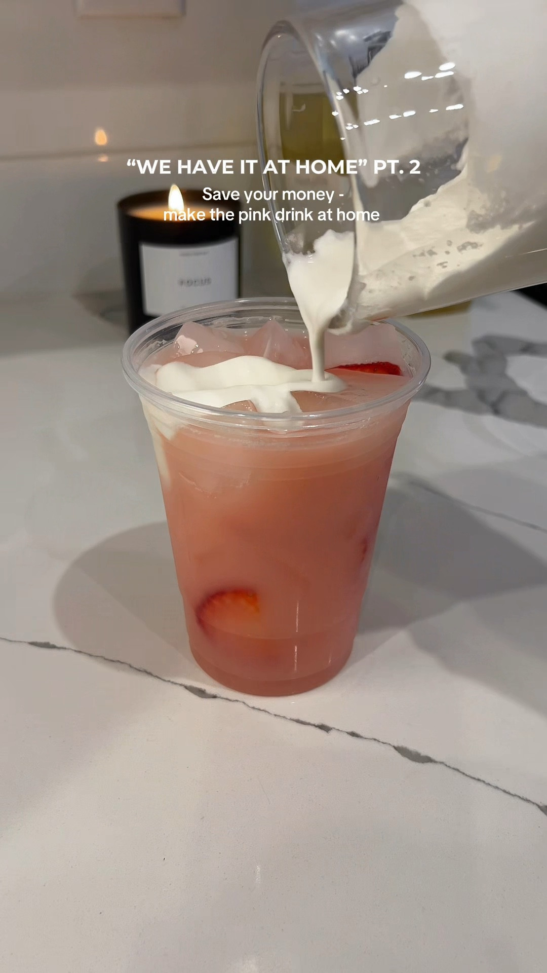 My daughter asks for a pink drink with sweet cream cold foam almost every time we go somewhere, and there's no way I'm paying $8 for a tall every time 😅 So I figured out how to make it at home.

I measure with my heart, but if you want measurements:

Pink drink:
• 1 cup white cranberry strawberry juice
• About 3 tbsp of coconut milk
• Tiny splash of grenadine
• Fresh or freeze dried strawberries

Sweet cream cold foam:
• 2 tbsp heavy whipping cream
• 1 tbsp Chobani sweet cream creamer

Froth until thick, pour on top, and enjoy! 🤍

#LTKKids #LTKmomlife #LTKfoodie