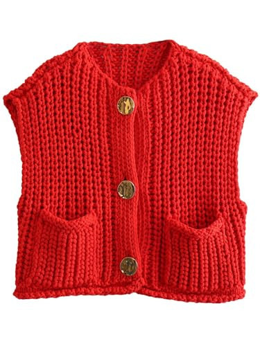 YKR Womens Chunky Knit Sweater Vest Sleeveless Button Down Cropped Cardigan Casual Knitted Crochet Vest with Pockets Red | Amazon (US)