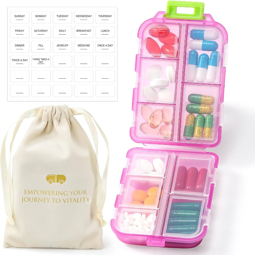 1 Pack Travel Pill Organizer w Labels & 1 Drawstring Pouch, Small 10 Compartments Pocket Pharmacy... | Amazon (US)