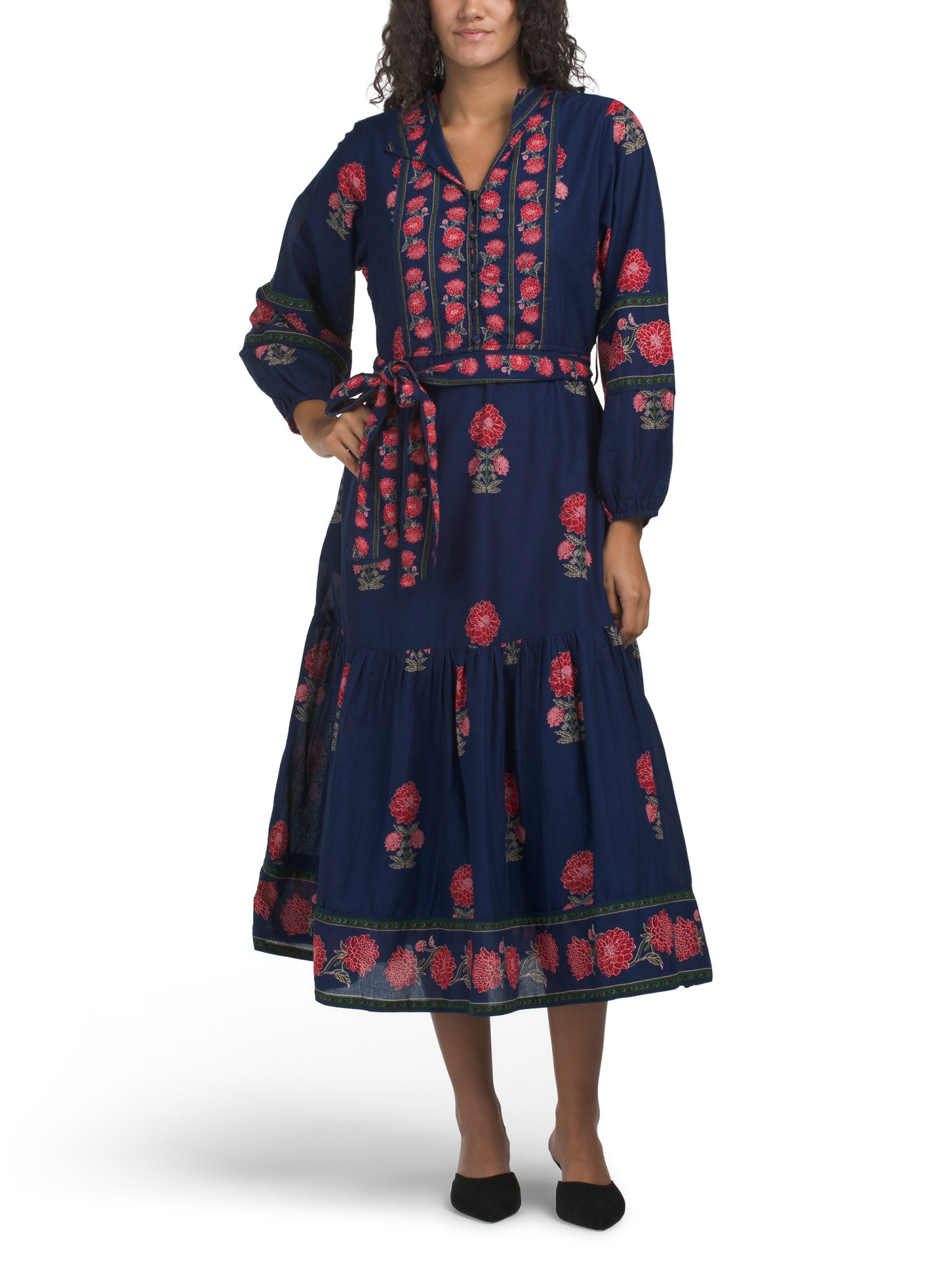 Long Sleeve Floral Border Maxi Dress With Belt | Casual Dresses  | Marshalls | Marshalls