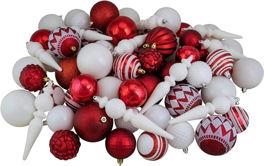 75ct Red and White Shatterproof 4-Finish Christmas Ball Ornaments | Amazon (US)