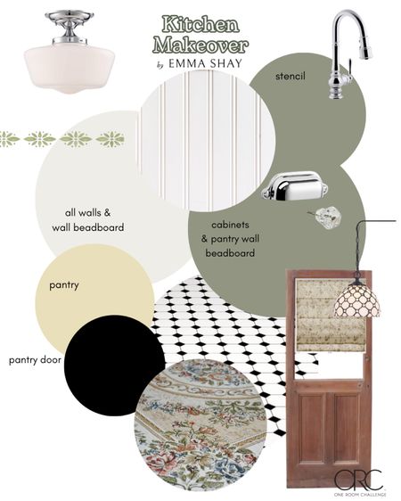 Vintage green kitchen mood board. 

Glass knobs are from Hardwick & Sons
Stencil is from Royal Design Studio
Door is an example. We have an original wood door. 

Please note I have not yet purchased the light or faucet and can’t attest to their quality quite yet! May also find alternatives when the time comes  

PAINT COLORS: 
White: Simply White by BM
Green: Lichen by F&B
Black: Black by Behr
Yellow: unknown, haven’t sourced this paint yet
