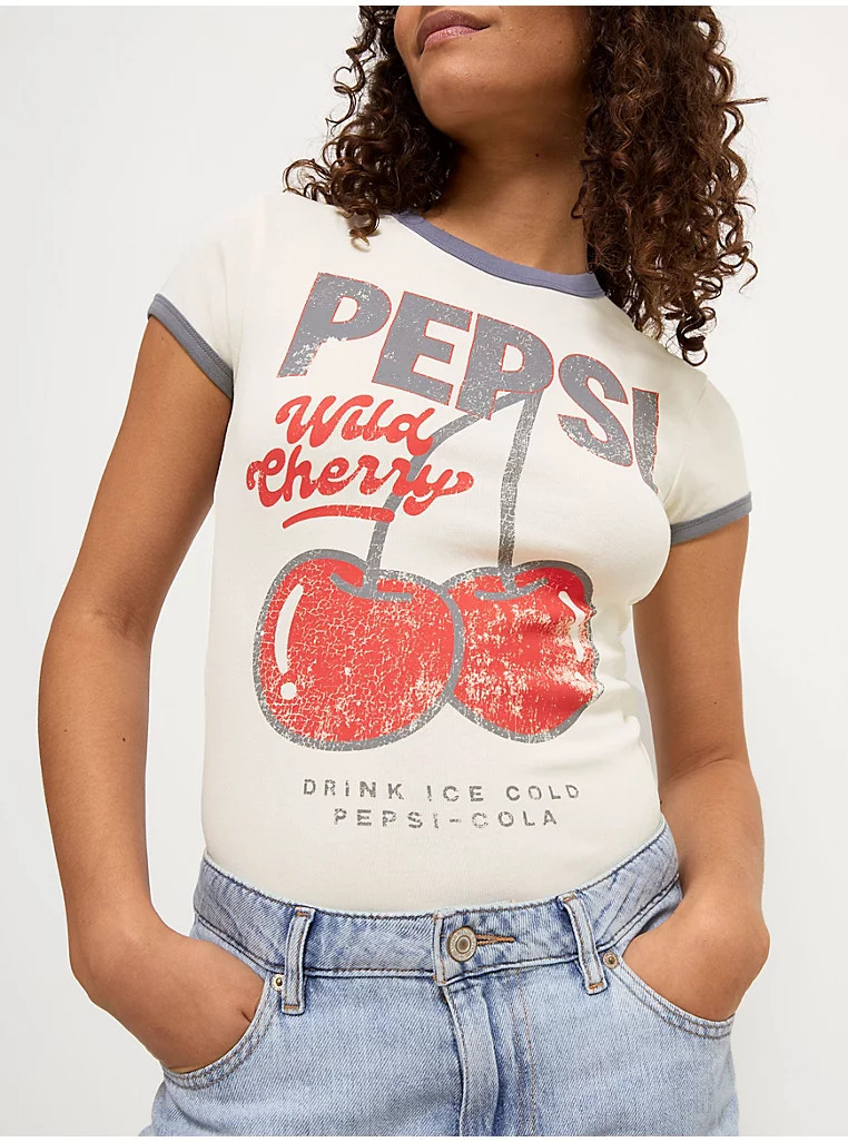 Cream Crew Neck Pepsi Cherry Ringer T Shirt | George at ASDA