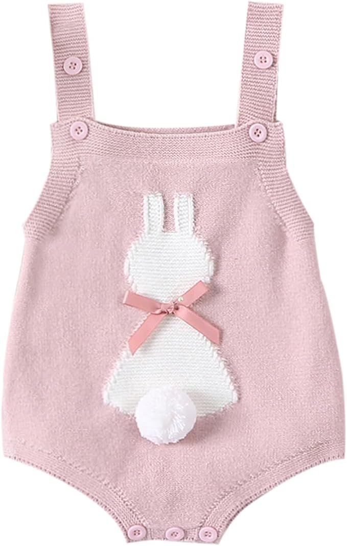 Mandizy Easter Outfit Baby Girl Sleeveless Knit Romper Cute Bunny Jumpsuit Infant Spring Bodysuit... | Amazon (US)