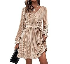 HOTOUCH Women's Velvet Dress Wrap V Neck Flared Dress Long Lantern Sleeve Dresses with Belt Cockt... | Amazon (US)