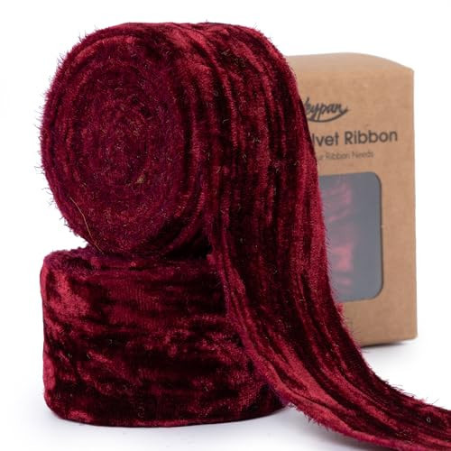 Keypan Burgundy Velvet Ribbon 1-1/2 Inch x 6 Yd Crinkled Handmade Frayed Vintage Ribbons for Christmas Gift Wrapping Tree Home Decor Wreath Craft Ornaments | Amazon (US)