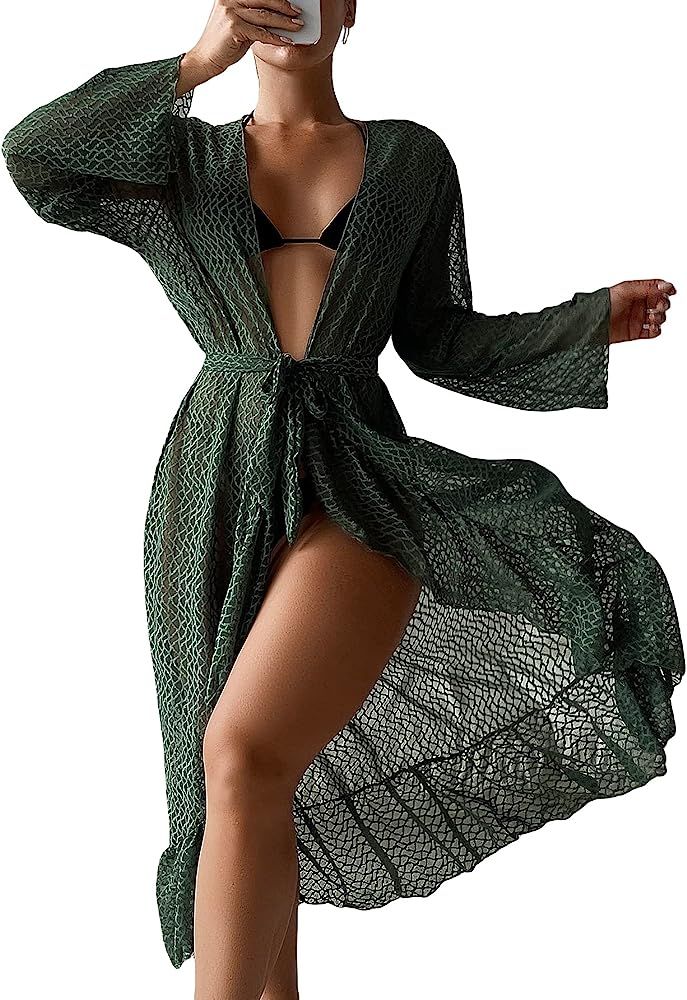 OYOANGLE Women's Beach Boho Flowy Ruffle Hem Belted Long Sleeve Open Front Long Cover Up Kimono C... | Amazon (US)