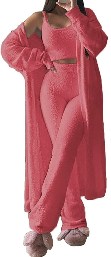 Women's Fuzzy 3 Piece Sweatsuit Open Front Cardigan Crop Tank Tops Wide Legs Pants Lounge Sets | Amazon (US)