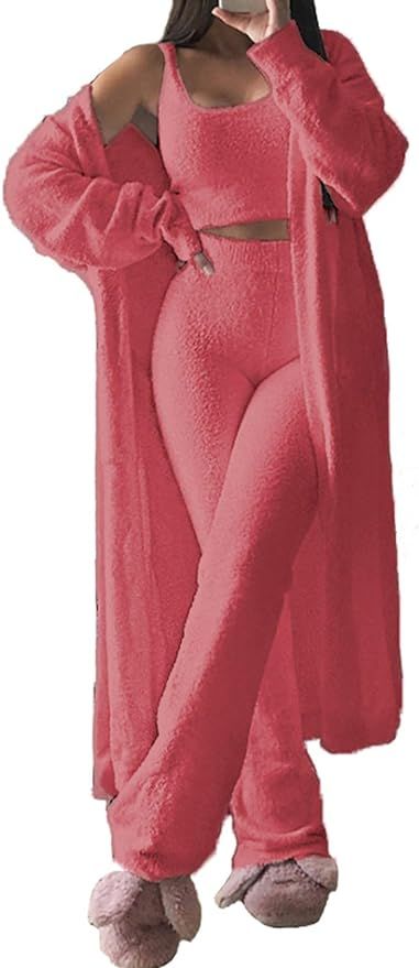 Women's Fuzzy 3 Piece Sweatsuit Open Front Cardigan Crop Tank Tops Wide Legs Pants Lounge Sets | Amazon (US)