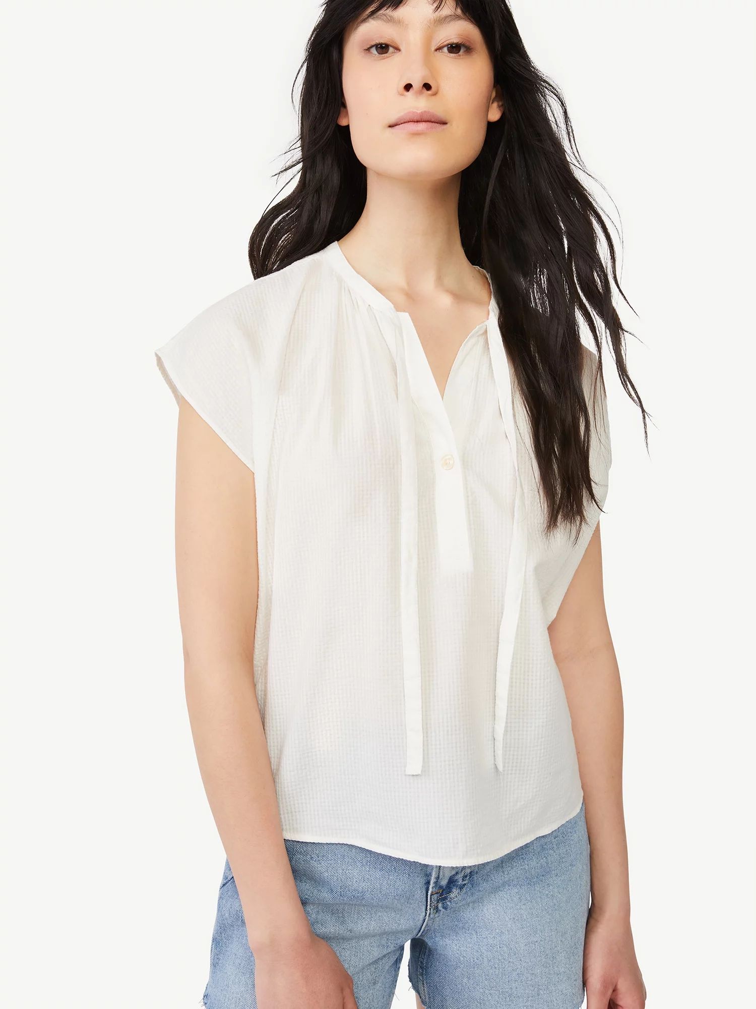 Free Assembly Women's Tie Neck Shirred Top | Walmart (US)