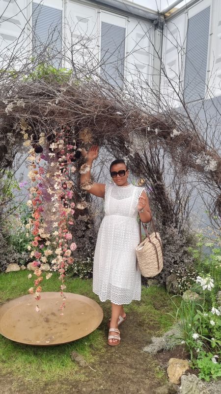 Casual bank holiday weekend outfit in a white broderie anglaise dress with tan sandals and a straw tote handbag and sunglasses.All pieces are LK Bennett- get 15% off full priced items using code CALYCIOUSLOVES15 #summer #summerdresses #strawbasketbag 

#LTKeurope #LTKstyletip