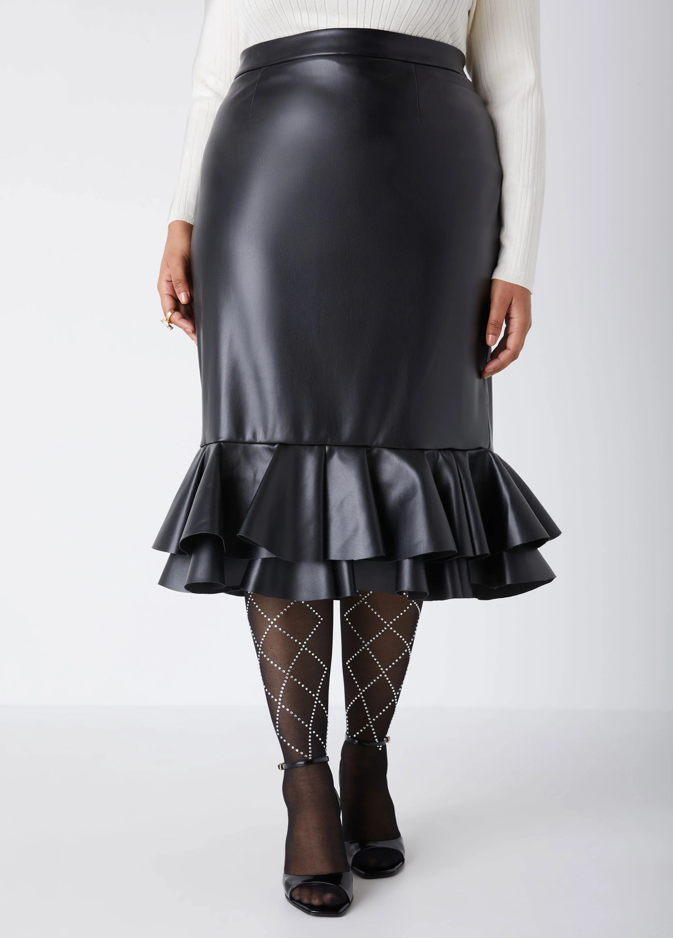 Plus Size High Waist Faux Leather Skirt Sexy Flirty Midi Skirts | Ashley Stewart