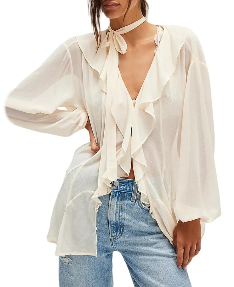 Women Full Sleeve Frill Tops Sexy See Through Sheer Ruffle Trim Blouse Top Self Tie Neck Shawl Sh... | Amazon (US)