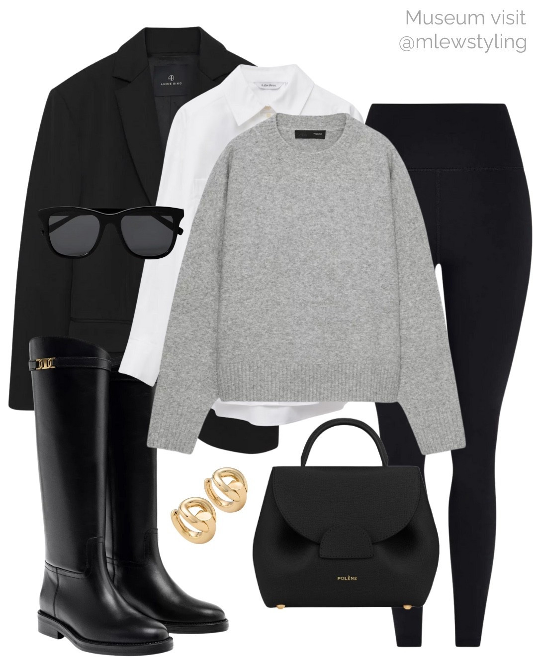 Outfit for a museum visit 🖤

Tags: black leggings outfit, late winter look, early spring outfit, anine bing oversized black blazer, white button down, grey crewneck sweater, massimo dutti black riding boots, ysl sunglasses, capsule wardrobe, casual workwear 

#LTKWorkwear #LTKootd #LTKSeasonal