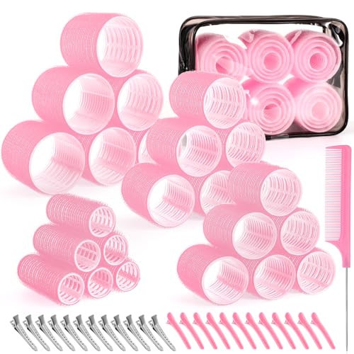 4 Sizes Self-Grip Hair Rollers Set for Long, Short Hair and Bangs - 50 Pcs with Clips (25mm, 36mm, 48mm, 60mm), Pink | Amazon (US)
