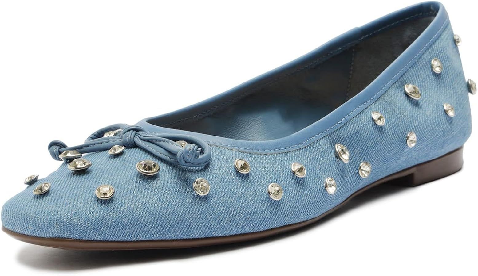 Women's Crystal Denim Ballet Flats Sparkly Rhinestone Ballerina Shoes Bow Tie Mary Jane Flats | Amazon (US)