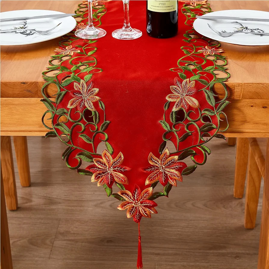 AMARED Christmas Embroidered Table Runner Cutwork Green Leaves Holiday Table Linens for Christmas... | Amazon (US)