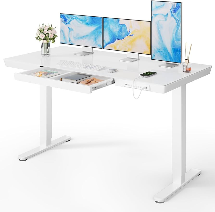 Marsail Glass Standing Desk with Drawer,55 x 28 inch Electric Standing Desk, Sit Stand Desk with ... | Amazon (US)